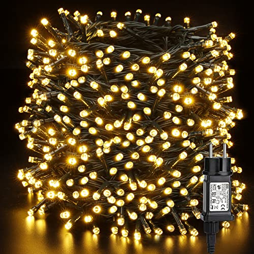 BrizLabs Luces Árbol de Navidad Exterior, 100M 1000 LED Cadena de Luces Interiores Enchufe Blanco Cálido 8 Modos Impermeable Luces de Hadas Decoración para Casa Boda Fiesta Jardín Balcón, Cable Verde