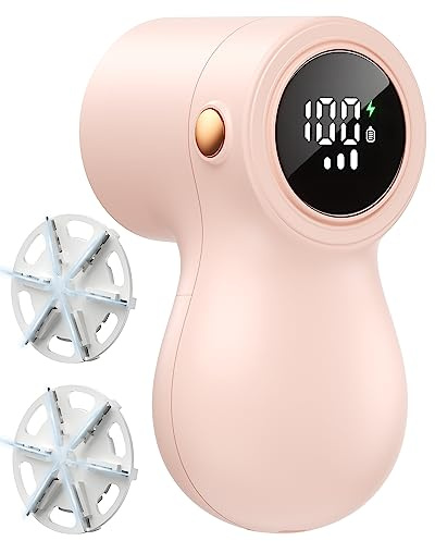 Rechargeable Fabric Shaver, Lint Remover for Clothes with Digital Display, Electric Lint Shaver with 6-Leaf Blades, 3-Speeds Defuzzer for Removing Fuzz and Pill from Sweater Pink
