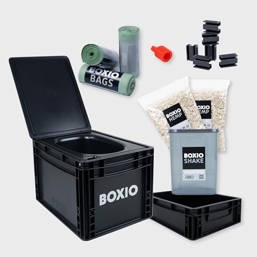 BOXIO - Toilet Max+: Campingtoilette Komplettset, Mobile Trockentrenntoilette ohne Chemie für Camping, Van, Outdoor, Dachzelt: Toilette auf Eurobox Basis ohne Strom für unterwegs, schwarz, 40x30x28