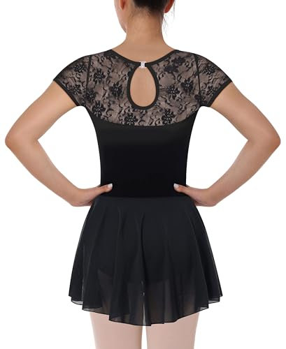 Mulnall Damen Tanz Ballett Trikot mit Rock Erwachsene Spitze Kurzarm Ballettkleidung Ballerina Dancewear(7027-06-XL)