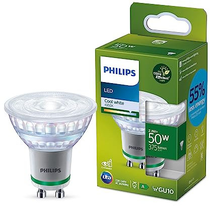 Philips LED Classic ultraeffiziente GU10 LED-Lampe, mit Energieeffizienzklasse A, ersetzt 50W, kaltweiß