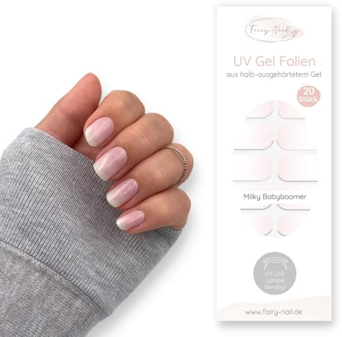 Fairy Nail UV Nagelfolien – Halb ausgehärtete Gelfolien für natürliche Gel Nails zuhause – Selbstklebende Nail Wraps mit UV Finish (20 Stück)