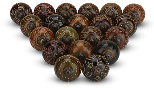 FURNISHFUL FINESSE Keramikknöpfe für Schrank, Kommode, Schublade und Möbel, handbemalt, antiker Boho-Schrankzugknopf, mehrfarbig, 20 Stück