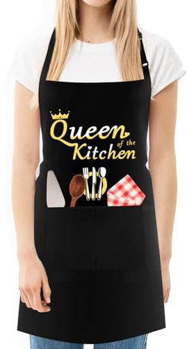 FunChaos Divertido Delantal Panadero para Mamá, Cocina de la Reina, Delantal Negro Ajustable con 2 Bolsillos, Regalos para Mamá, Esposa, Novia, Día de la Madre, Cumpleaños, Navidad