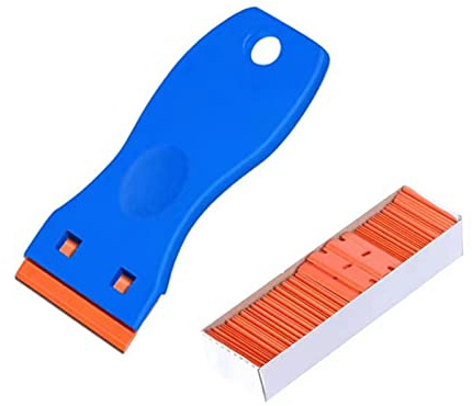 Cheeroyal Plastic Scraper 1pc Razor Blade Scrapers with 50 Pieces Double Edged Replacement Blades Plastic Scraper Tool for Stickers Labels Decal Glass Window Cleaning