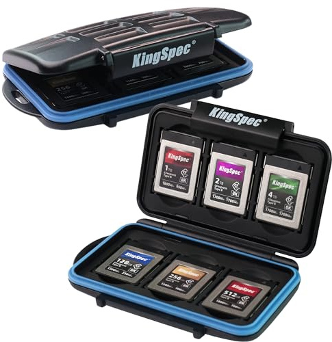 KingSpec Estuche para Tarjetas de Memoria: Impermeable, Resistente a la Intemperie, Cierre a presión, Ojal Moldeado con mosquetón, a Prueba de Golpes, se Adapta a 6 Tarjetas XQD o CF Express Tipo B
