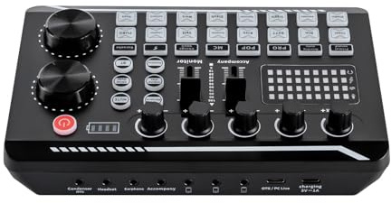 4 Kanal Multifunktionaler Audio Mixer F998 Soundkarte Live Voice Changer Sound Karte Kit, Höhen, Mitten und Bässe Einstellbare Soundkarte