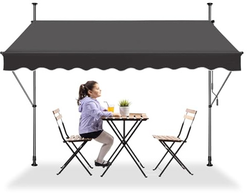 LZQ Store à serrage pour balcon, store rétractable manuel, manivelle, réglable en hauteur, résistant aux UV, sans perçage, 100 % polyester, gris foncé, 200 x 120 cm