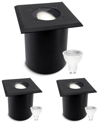 SSC-LUXon 3 Stück JUAVI Bodenleuchte Einbau aussen schwarz quadratisch - dimmbare Außenleuchte Garten mit GU10 LED neutralweiß 7W