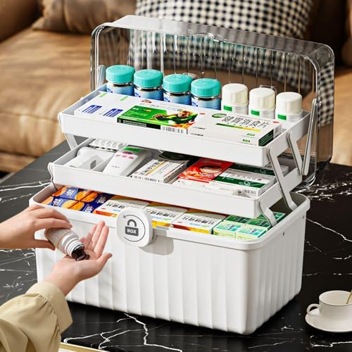 Gemsaya 3 Etagen Hausapotheke Medikamentenbox, Groß Medizinbox mit Griff | Tragbar Medikamenten Aufbewahrung, 32 x 18 x 22 cm Verschließbare Erste-Hilfe-Box für Zuhause, Büro und unterwegs, Weiß