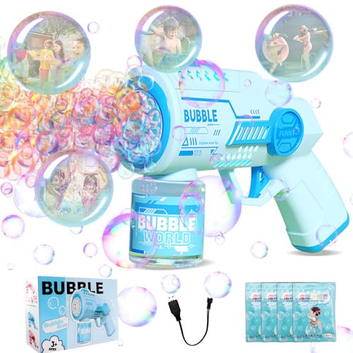 Automatische Seifenblasenpistole,Seifenblasenmaschine Gun Kinder,10000+ Blasen/Minute mit 90ML Seifenblasenlösung mit 4 Packungen Bubble-Nachfüllpackungen Blasenspielzeug Geschenk