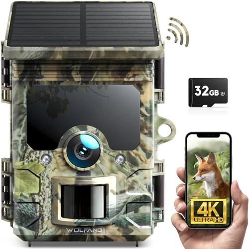 WOLFANG Solar Wildkamera mit Handyübertragung, 4K 30fps 68MP,120 ° Weitwinkel WLAN Bluetooth Wildtierkamera, Bewegungsmelder Nachtsicht, IP66, 0.1s Auslösezeit für Wildlife Monitoring mit SD Karte