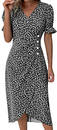 Générique Robe ete Femme mi Longue Fluide Robe Fleurie Femme Chic et Elegant Robe Boheme Chic Mariage invité Robe Cache Coeur Femme Soiree Manche Courte Volants Robe de Plage Femme col v (Black, XL)