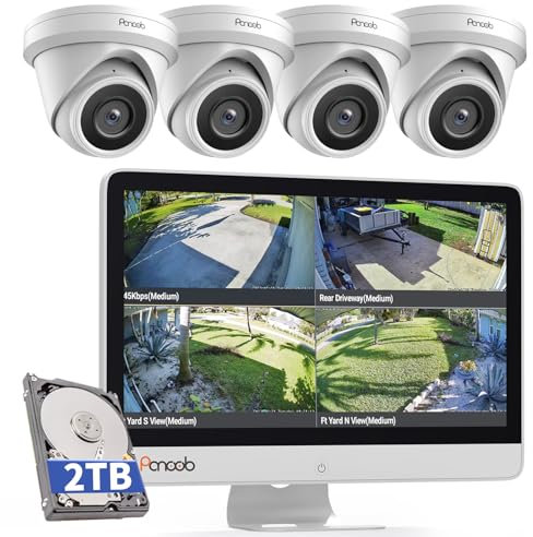 PANOOB PoE PD93AM04-5M Système de caméra de sécurité à 8 canaux avec moniteur intégré de 15,6, NVR 8 MP H.265 UHD avec disque dur de 2 To, 4 caméras IP filaires IR Dome 5 MP IP67, détection de