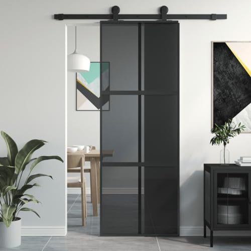 Tidyard Porte coulissante Noir 76x205 cm Verre trempé Aluminium, Porte Intérieur pour Chambre, Cuisine, Grange, Garage