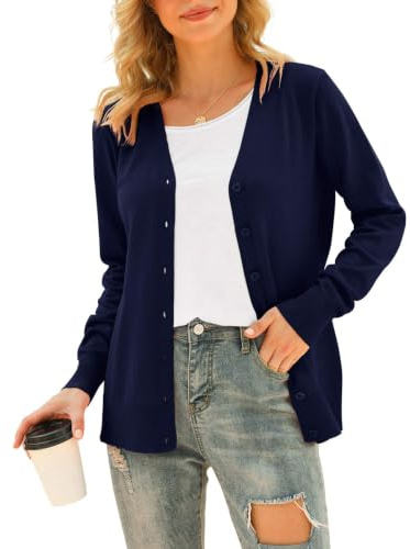 Anelune Lightweight Cardigans for Women UK, Long Sleeve V-Neck Kint Sweater | Button Down, Autumn Winter Cardigan Sweaters, Ladies Summer Cardigans, Crochet Cardigan