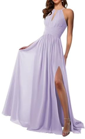WSEYU Brautjungfernkleid mit Neckholder, Chiffon, langer Schlitz, Ausschnitt, A-Linie, ärmellos, gerüscht, Spitze, formelles Abendkleid, Flieder, 52