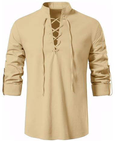 Enlision Camicia in Lino da Uomo con Lacci Casual a Quadri Ghillie per Halloween Cosplay Vichingo Pirata Beige M