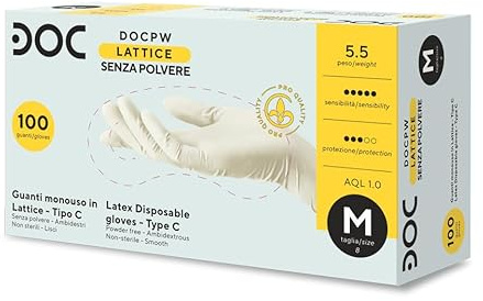 GARDENING Srl Guanti in lattice DOC PW POWDER FREE - AQL 1.0 - Alta protezione - Senza talco - Monouso - Non sterili - Scatola 100 pz - Misura LARGE (Taglia 9) - CE