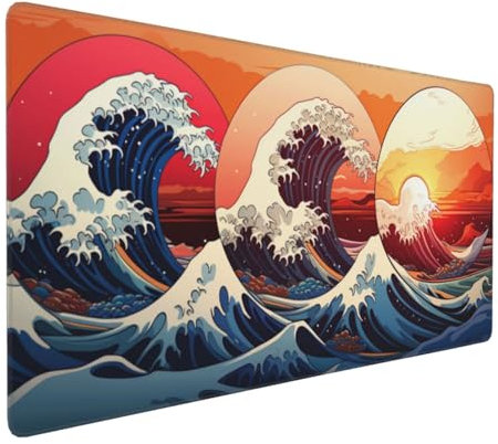 Gaming Mauspad XXL Sonnenuntergang Mousepad 800x400x4mm Wellen Verlängertes Mauspad Schreibtischauflage,Genähte Kanten Mauspad,Verbessert Präzision Geschwindigkeit Wasserdicht Geeignet für Büro,Spiele
