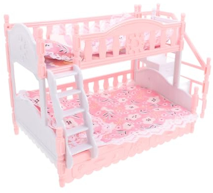 Abaodam Plastic Doll Bunk Beds Pillow Sheet Miniature Dollhouse Furniture Set 1:12 Scale Bunk Bed + 2 Sets of Sheets and Pillows