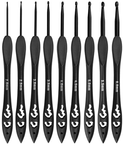 HAFRILY Vintage svart virknålset 2–6 mm aluminium virknålar set med lätt plasthandtag för stickentusiaster, nybörjare virknålset ergonomisk hacknålar slät virkad krok (9 stycken)