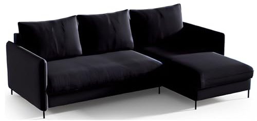 Sofello BELIS Ecksofa mit Schlaffunktion L-förm Liegefläche: 201 x 150 cm Boucle-Velours-Stoff Sofa 3-Sitzer Ecksofa mit Schlaffunktion und Bettkasten (Riviera 100 - schwarz)