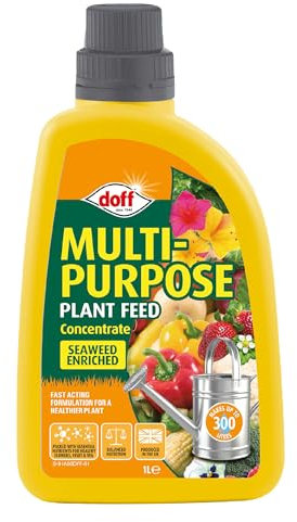 Doff Multipurpose Plant Feed Concentrate – 1L Fast-Acting Plant Food for Healthy Growth of Flowers, Fruit, Vegetables & Shrubs – Seaweed Enriched – Encourages Root Development – Makes 300L Feed