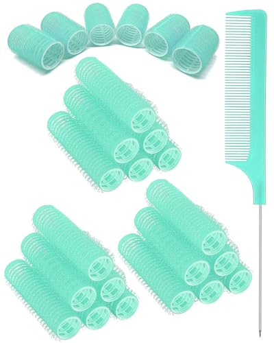 TPZORJX 37 pezzi bigodini manuali per capelli, autoadesivi, per saloni, barbieri, pettini a coda di topo, bigodini per capelli fai da te, con pettini con punta in acciaio (verde)