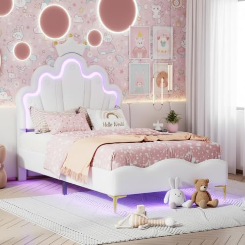 BLSYHDH Bett Prinzessin Krone 90x200 Kinderbett Kinderbett mit LED Mädchen Lit Kind Mädchen Bett mit Lattenrost (Weiß, 90x200)