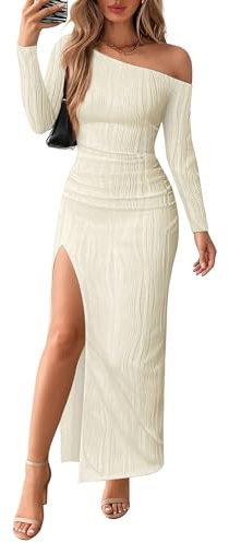 Lazysmile Womens Long Sleeve Maxi Dresses Off Shoulder Bodycon Cocktail Formal Wedding Guest Slit Long Dress Fall Outfits Beige