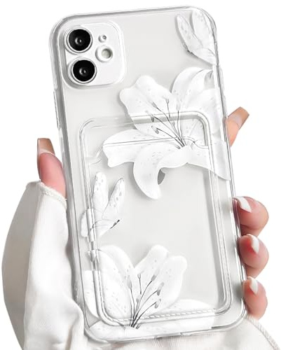 NITITOP for iPhone 11 Case Clear Cute Flower Lily Pattern,White | with Card Holder, for Women Girl, Aesthetic Floral Butterfly Design, Soft TPU Wallet Shockproof Cover, Full Camera Protection