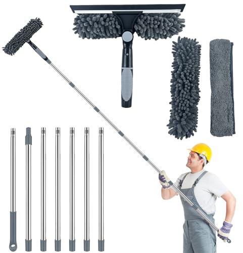 3.2M Fensterreiniger mit Teleskopstange, Professioneller Fensterwischer mit Abzieher und Mikrofasertuch, 2 In 1 Fensterreinigungsset mit 180° Drehbarer Bürstenkopf, Fensterputzer Set (Grau(A))