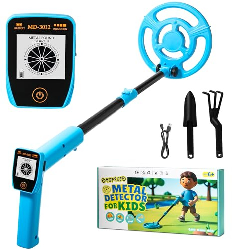Smofrees Metal Detector Kids, Usb Rechargeable Kids Metal Detector with Simple Display, 24-34 Adjustable Metal Detectors for Children, 7.36 Plus Search Coil, Outdoor Toys for Kids 8-12, Blue