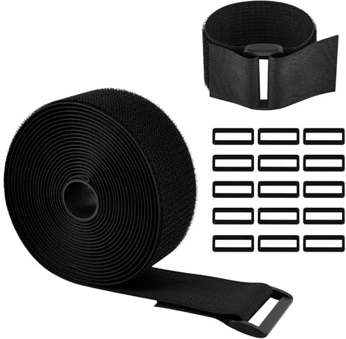 16.4 Feet x 2 Inch Heavy Duty Hook and Loop Straps with 15 Buckles, Black Nylon Cable Strap, Adjustable Cut-to-Length, Reusable Fastening Cable Ties Cinch Straps for Securing Cables, Hoses, Pipes