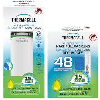 THERMACELL Diffuseur Répulsif Anti Moustiques - 15m² - 60h - Blanc | Sans Fil Nomade - Extérieur - Effet Rapide, Inodore - 5 Cartouches Gaz + 15 Plaquettes - THNATBLANRECH48