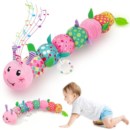Baby Girls Toys 6-12 Months - Infant Sensory Music Animal Stuffed Caterpillar Toy with Rattle & Mirror Crinkle for Tummy Time, Newborn 0 3 6 9 12 18 Shower Gifts Soothing Companion Toys