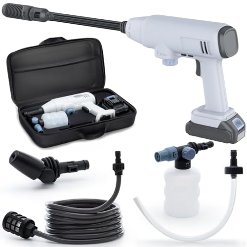Kalopsia Hidrolimpiadora de Alta Presión Portátil con Batería 21V: Pistola de Agua a Presión 50Bar para Coche/Bicicleta/Terraza/Jardín｜4L/Min Inalámbrica con Espumadora y 5 Boquillas｜IPX7