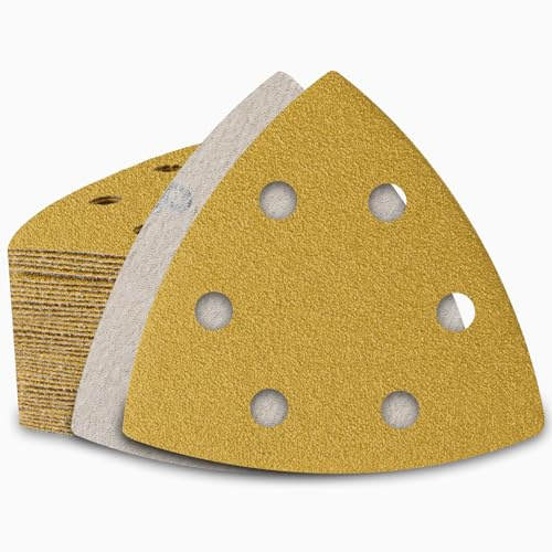 PMIQSA 50 Piezas Triángulo De Lijado Delta 93 x 93 x 93mm 6 Agujeros | Granos 80 Papel de Lija Triangular Hojas de Lija Triangulares Lijado y Pulido para lijadoras delta