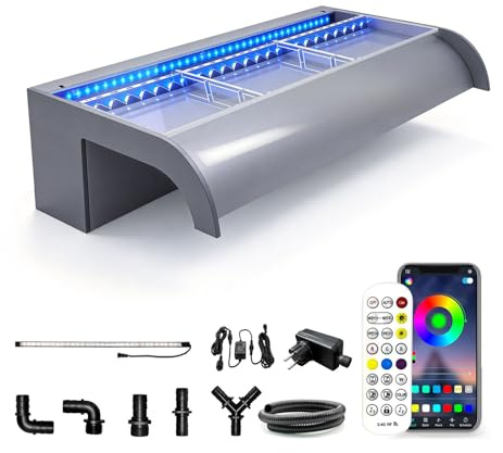 LONGRUN 60cm Gebogener Teich-Wasserfall aus Acryl mit RGB LED-Leiste & Bluetooth-App-Steuerung, Garten-Wasserfall für Teich, Pool und Schwimmbad