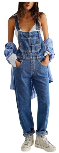 Générique Salopette en Jean Femme Relaxed Bib Overall Combinaison Décontractée Salopette en Denim Extensible à Jambes Larges avec Poches Grande Taille Baggy Jumpsuit Bretelles Réglables S-2XL