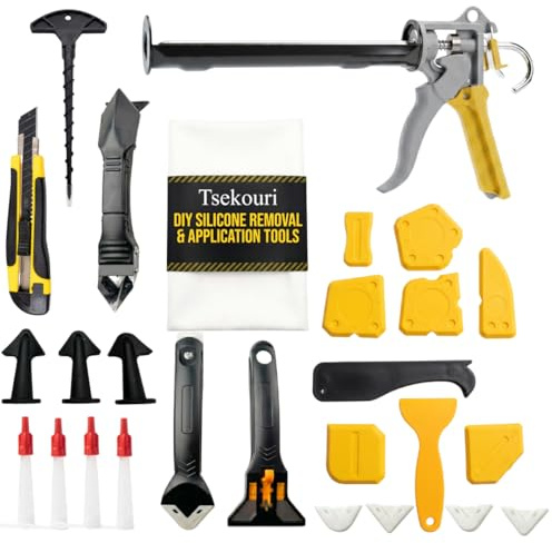 Tsekouri 25-Piece Professional Caulking Gun Kit | Complete Sealant Tool Set with Silicone Gun, Finishing Tools, Removal Set & Accessories | Bathroom, Shower, Kitchen, Window & Floor Sealing