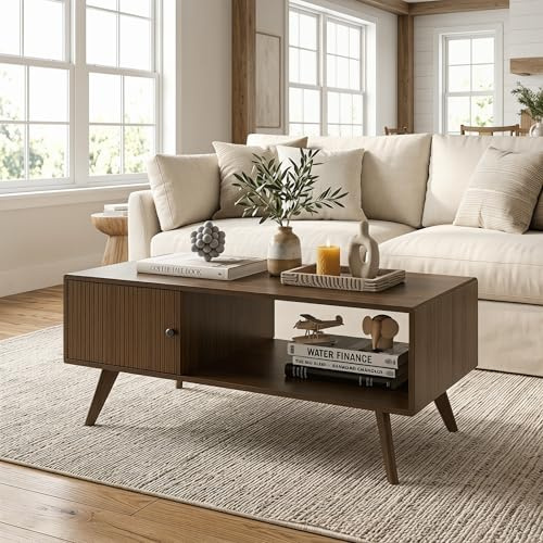 Manora Mesa de Centro con Almacenamiento, Mesa de Salón Rectangular, Patas de Madera Maciza, Mesa Auxiliar Moderna para Salón, Balcón, Oficina, 100 x 50 x 45cm, Nogal Claro