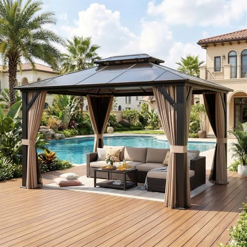 Polar Aurora 10'x12' Hardtop Gazebo, Outdoor Polycarbonate Roof Canopy, Aluminum Frame Permanent Pavilion with Curtains and Netting, Sunshade for Garden, Patio, Lawns, Brown