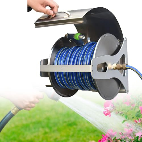 Stainless Steel Wall Mounted Hose Reel - Garden Hose Holder with Storage Shelf for Easy Organization and Access