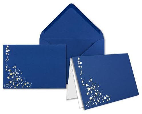 10x Faltkarten DIN A6 im Set mit Umschlägen DIN C6 mit Einlege Papier - Farbe: Dunkelblau (Blau) mit geprägten Gold Metallic Sternen (glänzend) - Ideal für Weihnachtskarten