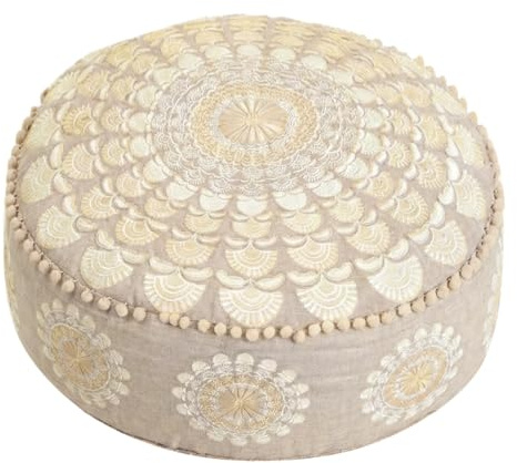 Mandala Life ART Bodenkissen Rund XXL Mit Ponpon Beige Groß Pouf Hocker Boho Sitzkissen Luxuriöser Mit Kunstvoller Raumdekoration Plüsch 100% Baumwolle Ungefüllt 60X20Cm