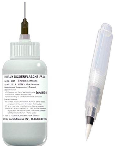 EO-Flux-Dosierflasche FF-334, Plus EO-Compact-Flux-Pen (3 ml, unbefüllt), No-Clean Elektronik-Flussmittel 3,0% Feststoff, 50 ml Inhalt, Dosiernadel aus Teflon