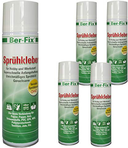 Ber-Fix® 5 x 500 ml di colla spray in schiuma e tessuto fino a 60 °C e 30 mq per casa, barca, auto, legno, pelle, tessuto, con ugello Vario, applicazione flessibile come ne ha bisogno.