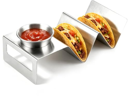 HERCHR Porta Tacos, Porta Tacos Portátil Porta Tacos Pequeño Porta Tacos de Acero Inoxidable Bandeja para Tacos con Taza para Salsa para la Cocina del Hogar